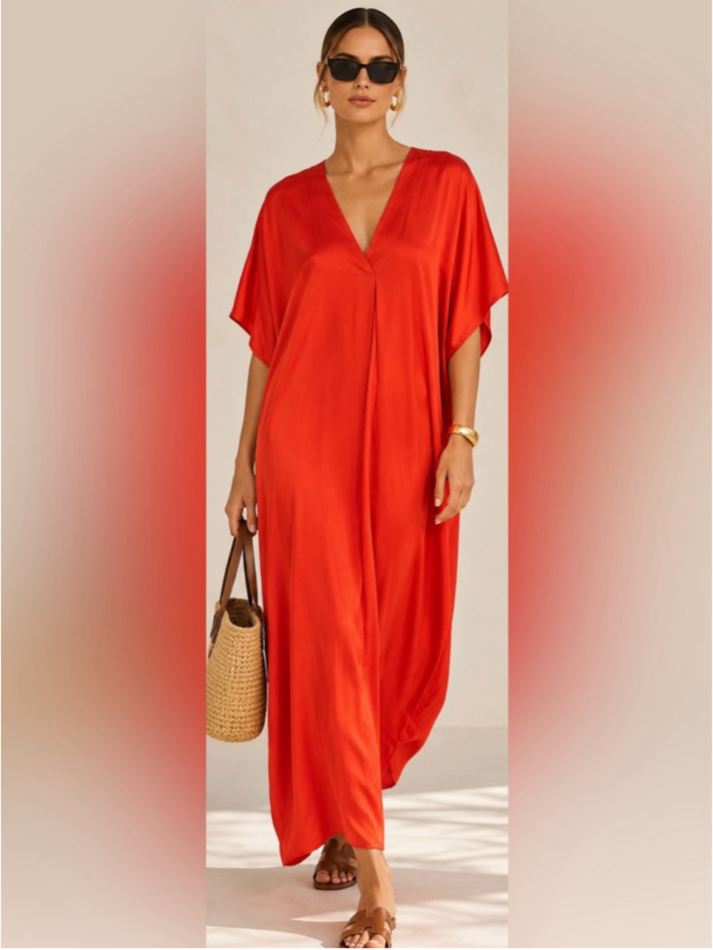 Zara Red Orange Satin Kaftan Maxi Dress Oversized One Size